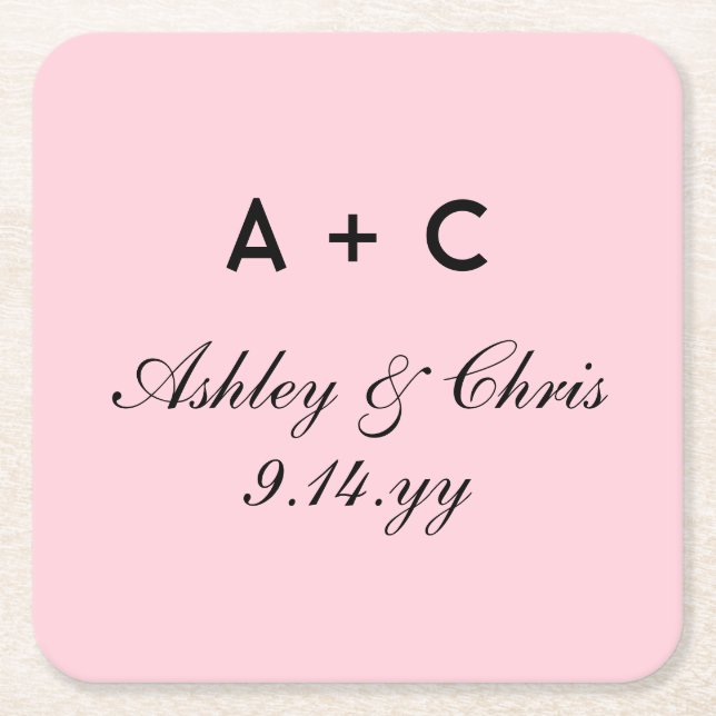 Blush Modern Personalized Wedding Reception Favor Square Paper Coaster (Front)