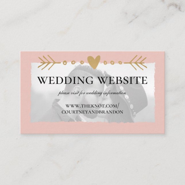 Blush Modern Photo Gold Heart Wedding Website Enclosure Card (Front)