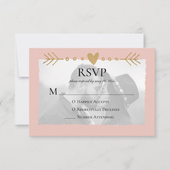 Blush Modern Photo Gold Hearts RSVP Card (Front)