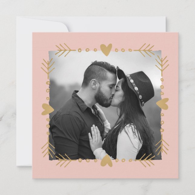 Blush Modern Photo Gold Hearts Wedding Invitation (Front)