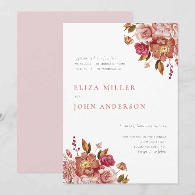 Blush Modern Rustic Watercolor Floral Wedding Invitation (Front/Back)