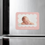 Blush Modern Scalloped Frame Birth Announcement Magnet<br><div class="desc">Modern birth announcement magnet featuring your baby's photo nestled inside of a blush pink scalloped frame. Personalize the blush birth announcement magnet by adding your baby's name and additional information in white lettering.</div>