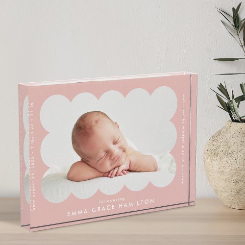 Blush Modern Scalloped Frame Birth Announcement Photo Block