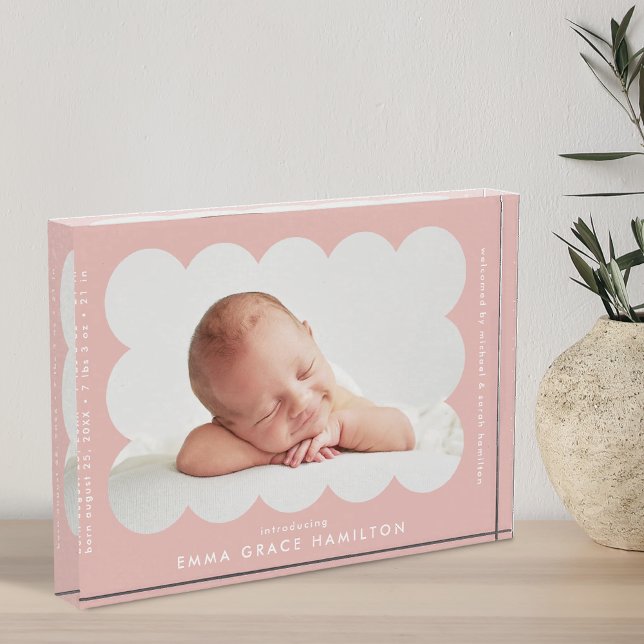 Blush Modern Scalloped Frame Birth Announcement Photo Block (Creator Uploaded)