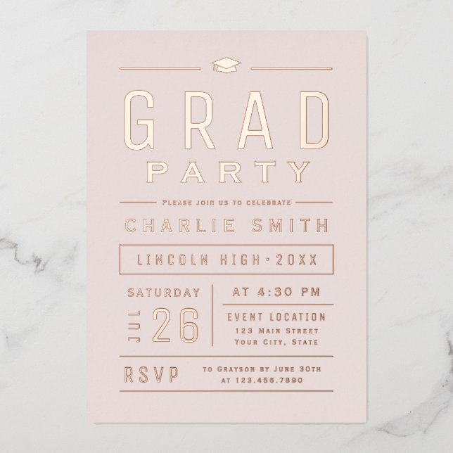 Blush Modern Simple Typography Graduation Party Foil Invitation (Front)