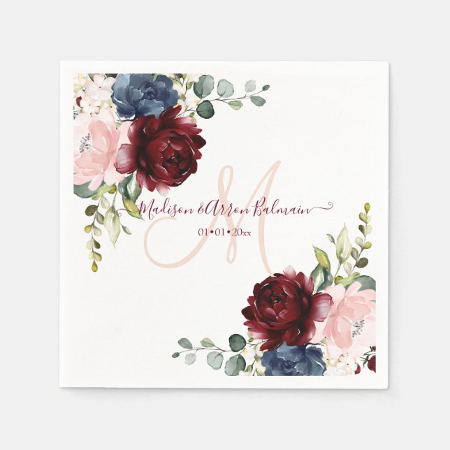 Blush Monogram, Burgundy Blue Floral Watercolor Napkins (Front)