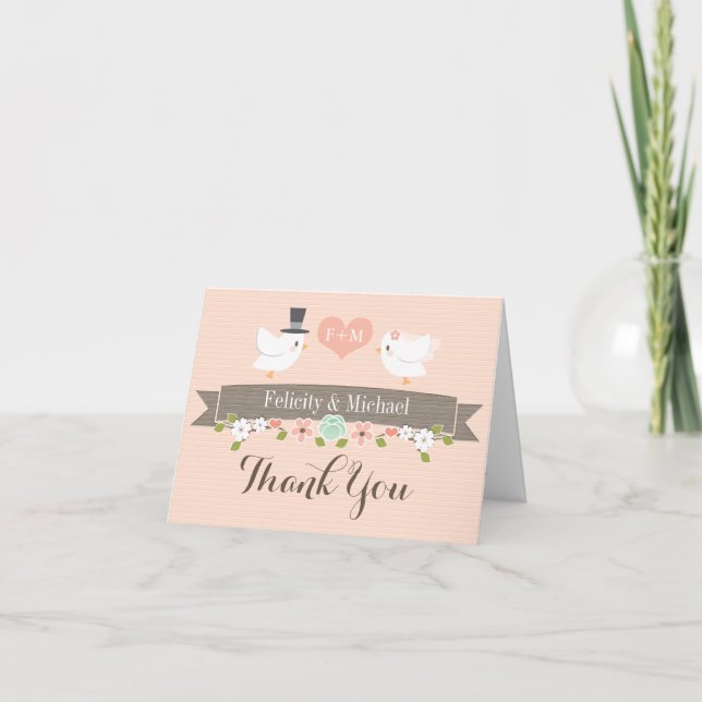 BLUSH MONOGRAM LOVE BIRDS DOVE WEDDING THANK YOU (Front)