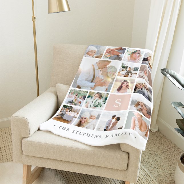 Blush Monogram Photo Collage Fleece Blanket (Creator Uploaded)