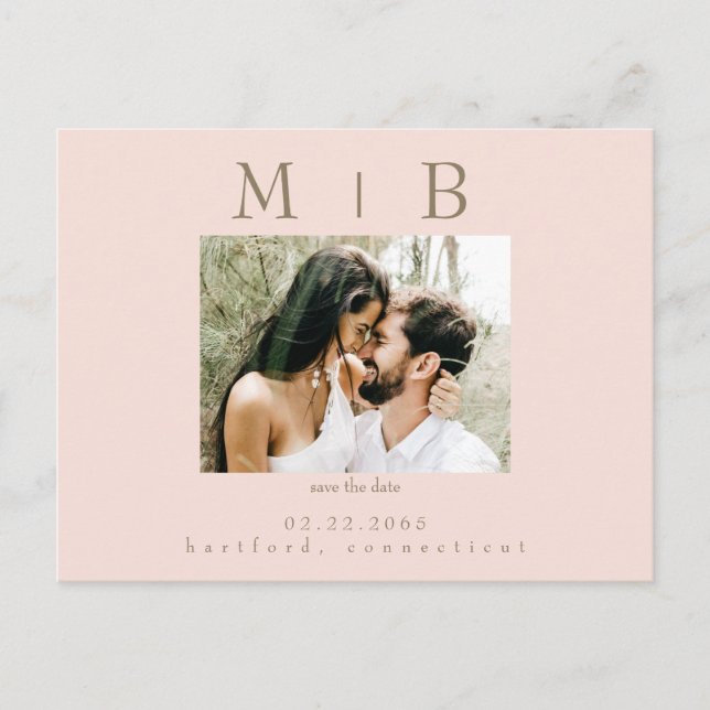 Blush Monogram Photo Wedding Save the Date  Postcard (Front)