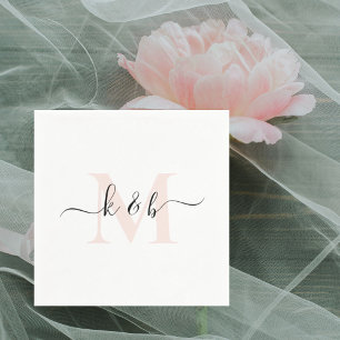 Blush Monogram Swash Script White Cocktail  Napkins