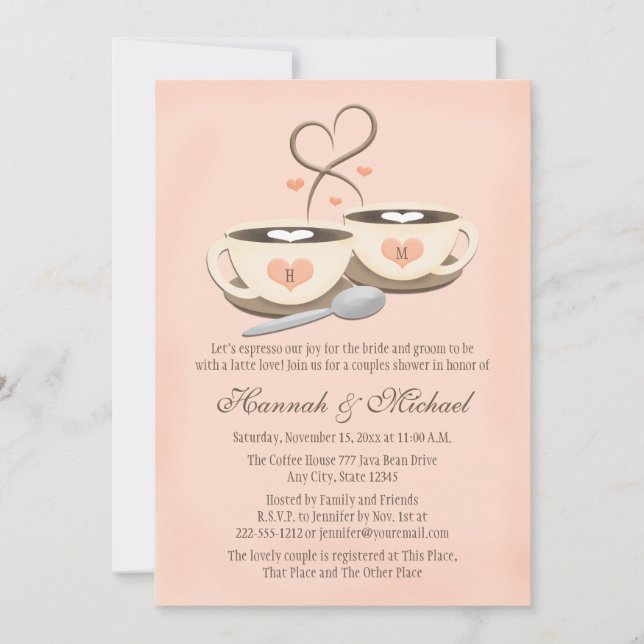 Blush Monogrammed Coffee Cup Heart Couples Shower Invitation (Front)