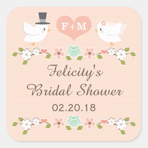 BLUSH MONOGRAMMED DOVE LOVE BIRDS BRIDAL SHOWER SQUARE STICKER