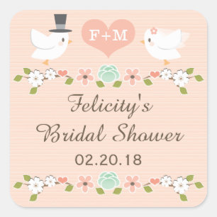 BLUSH MONOGRAMMED DOVE LOVE BIRDS BRIDAL SHOWER SQUARE STICKER