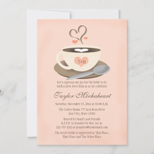 Blush Monogrammed Heart Coffee Cup Bridal Shower Invitation (Front)
