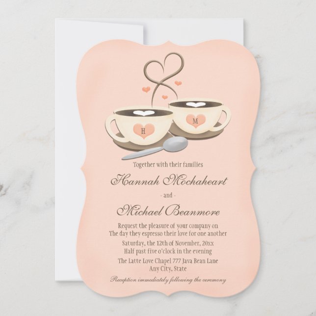 Blush Monogrammed Heart Two Coffee Cups Wedding Invitation (Front)