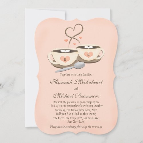 Blush Monogrammed Heart Two Coffee Cups Wedding Invitation