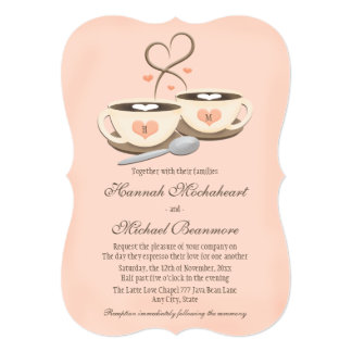 Blush Monogrammed Heart Two Coffee Cups Wedding Invitation