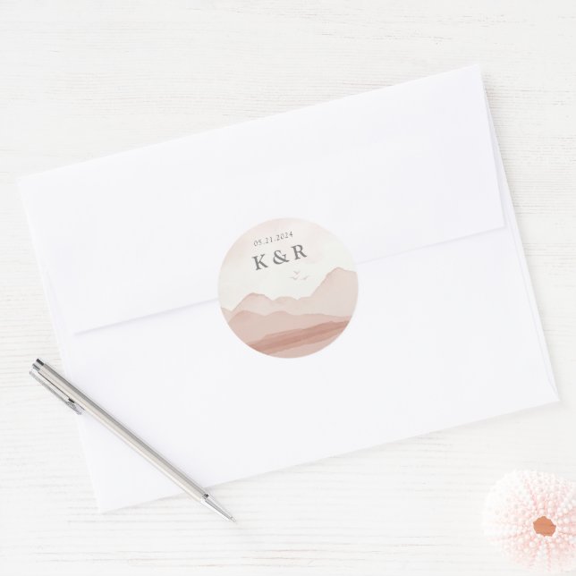 Blush Mountain Range Landscape Wedding Monogram Classic Round Sticker (Envelope)