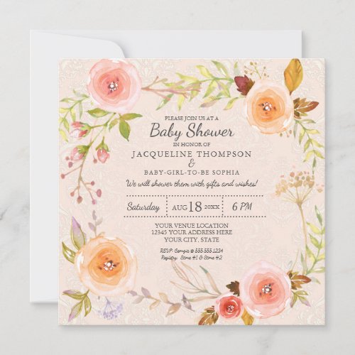 Blush n Gold Watercolor Floral Damask Typography Invitation
