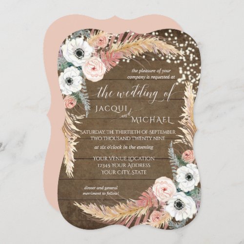 Blush n White Pampas Grass Floral Twinkle Lights Invitation