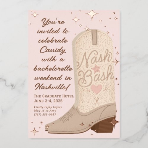 Blush Nash Bash Cowgirl Boot Bachelorette Party Foil Invitation