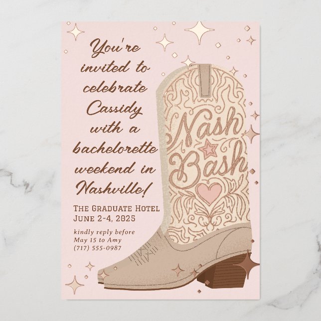 Blush Nash Bash Cowgirl Boot Bachelorette Party Foil Invitation (Front)