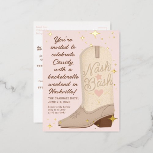 Blush Nash Bash Cowgirl Boot Bachelorette Party Foil Invitation Postcard