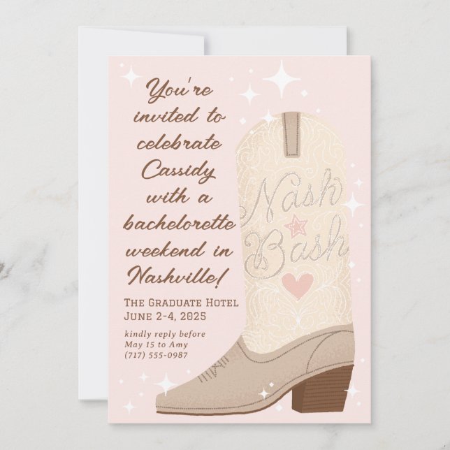 Blush Nash Bash Cowgirl Boot Bachelorette Party Invitation (Front)