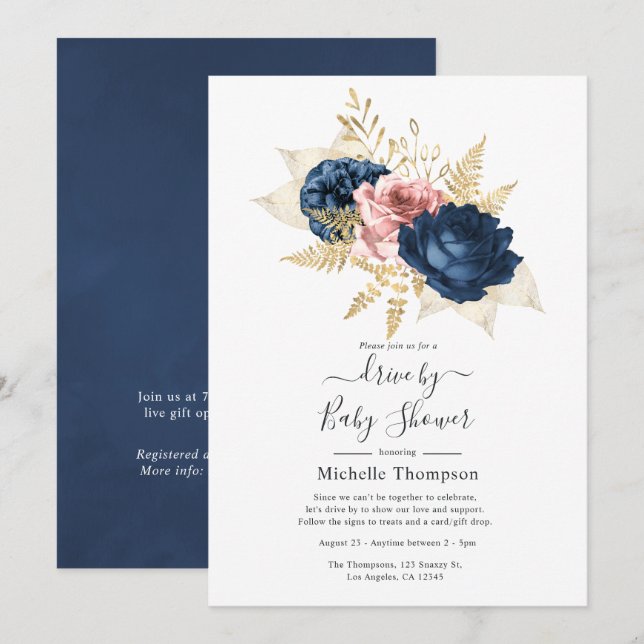Blush, Navy and Gold Floral Drive By Shower Invitation (Front/Back)