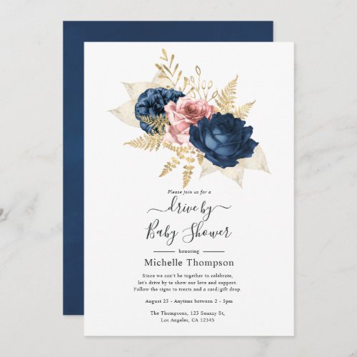 Blush Navy and Gold Floral Drive By Shower Invitation