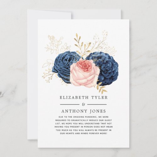 Blush Navy and Gold Floral Reduced Wedding Guest Announcement