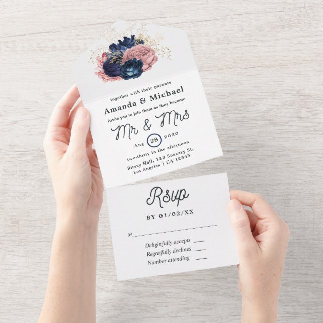 Blush, Navy and Gold Floral Wedding All In One Invitation (Tearaway)