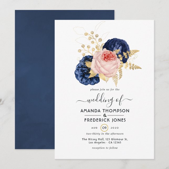 Blush, Navy and Gold Floral Wedding Invitation (Front/Back)