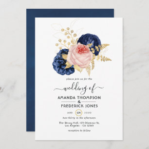 Blush, Navy and Gold Floral Wedding Invitation