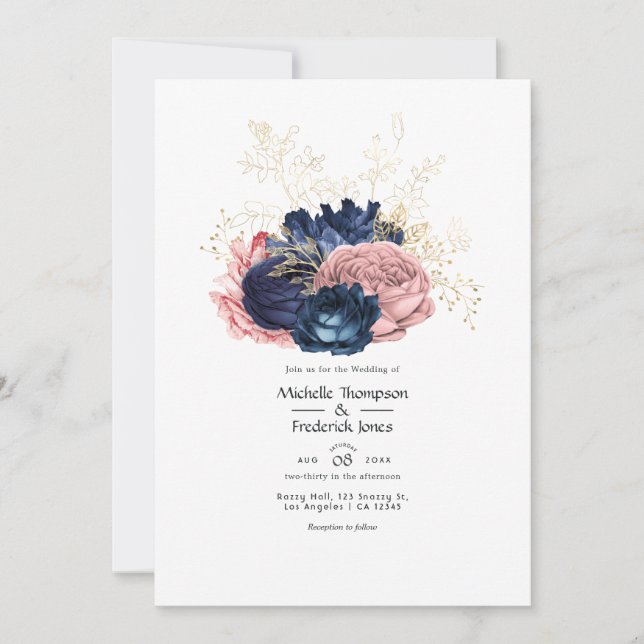 Blush, Navy and Gold Floral Wedding Invitation (Front)