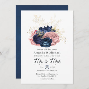 Blush, Navy and Gold Floral Wedding Invitation
