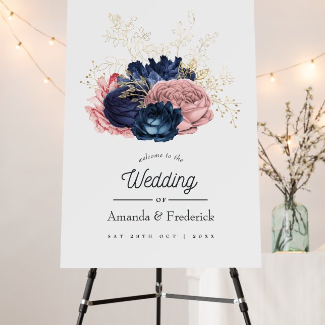 Blush, Navy and Gold Floral Wedding Welcome Foam B Foam Board (In Situ (Stand))