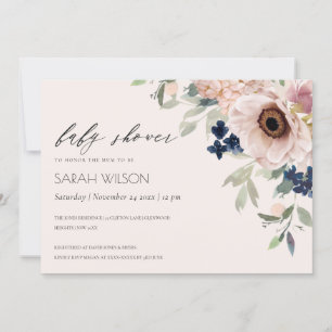 Blush Navy Anemone Floral Baby Shower Invite