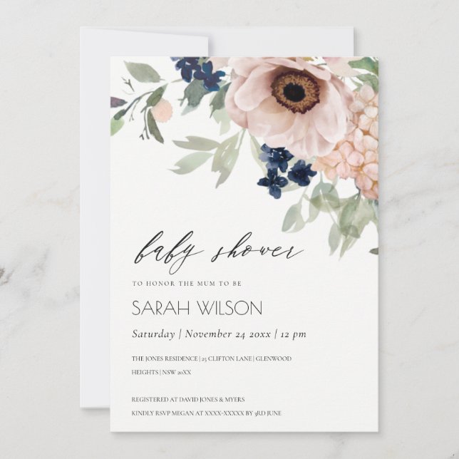 Blush Navy Anemone Floral Baby Shower Invite (Front)