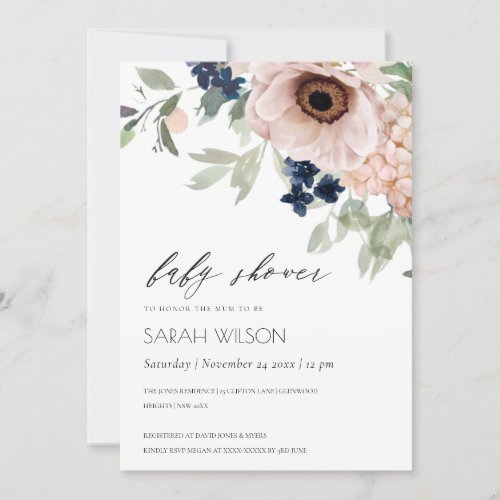 Blush Navy Anemone Floral Baby Shower Invite