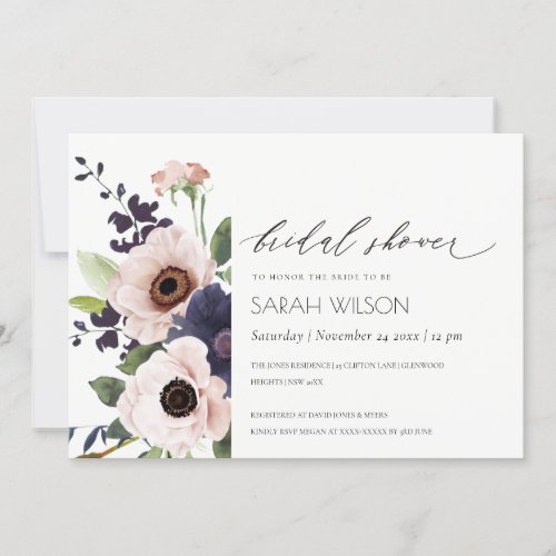 Blush Navy Anemone Floral Bridal Shower Invite