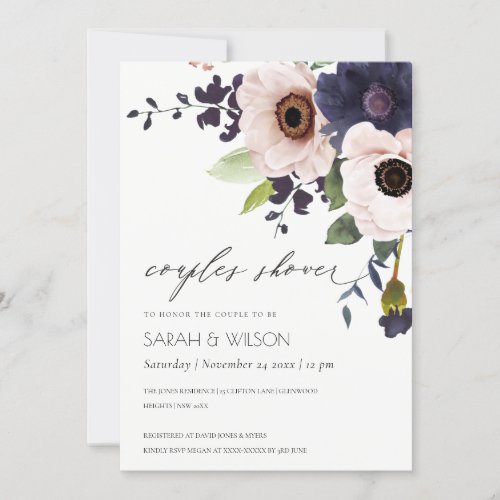 Blush Navy Anemone Floral Couples Shower Invite