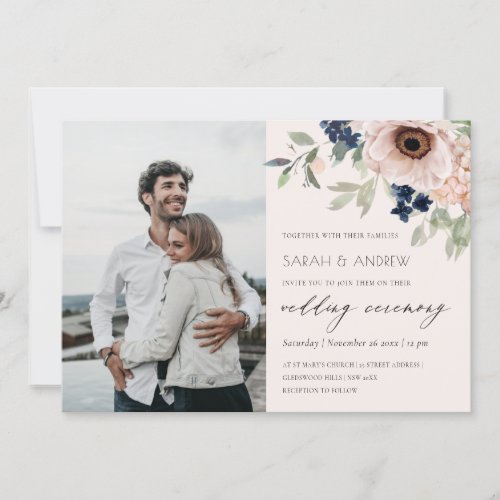 Blush Navy Anemone Floral Photo Wedding Invite