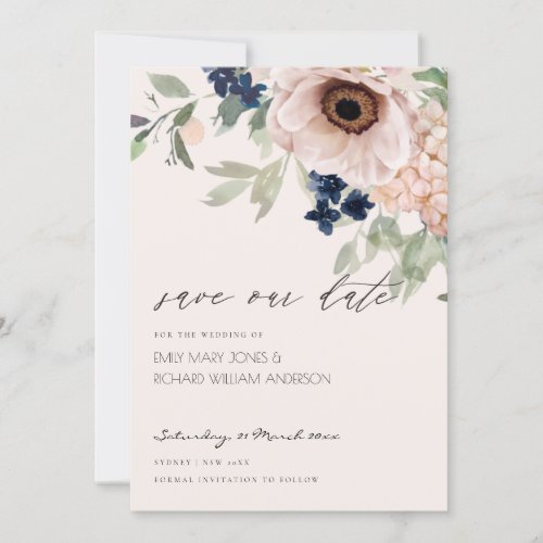 Blush Navy Anemone Floral Save the Date Card