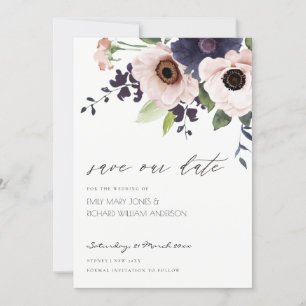 Blush Navy Anemone Floral Save the Date Card