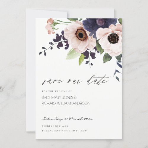 Blush Navy Anemone Floral Save the Date Card