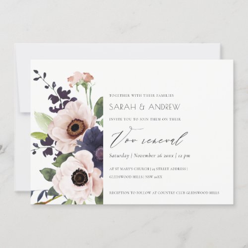 Blush Navy Anemone Floral Vow Renewal Invite