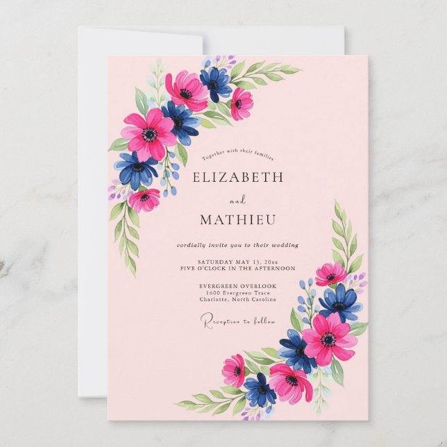 Blush Navy Artistic Spring Wedding Invitation (Front)