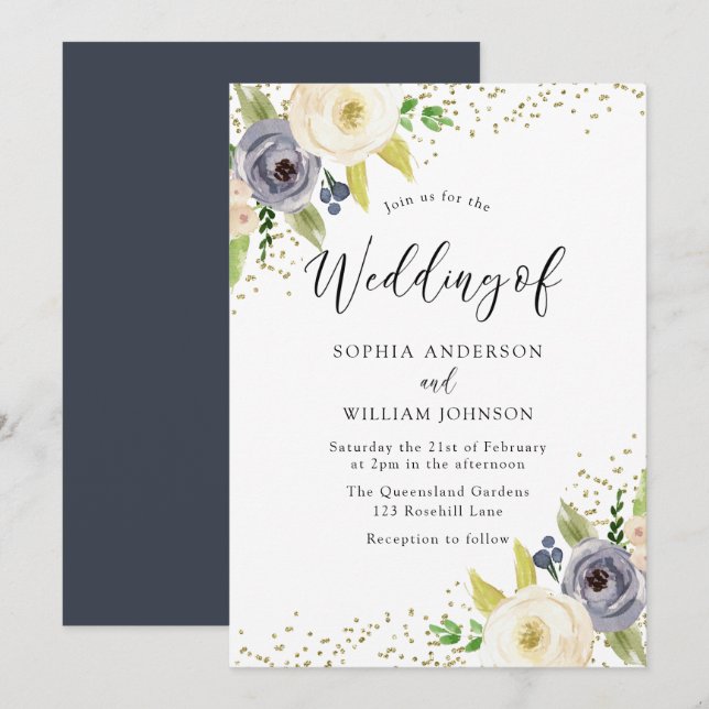 Blush Navy Blossom Flowers Gold Glitter Wedding Invitation (Front/Back)