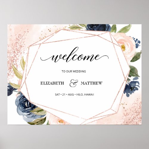 Blush Navy Blossom Geometric Wedding Welcome Sign